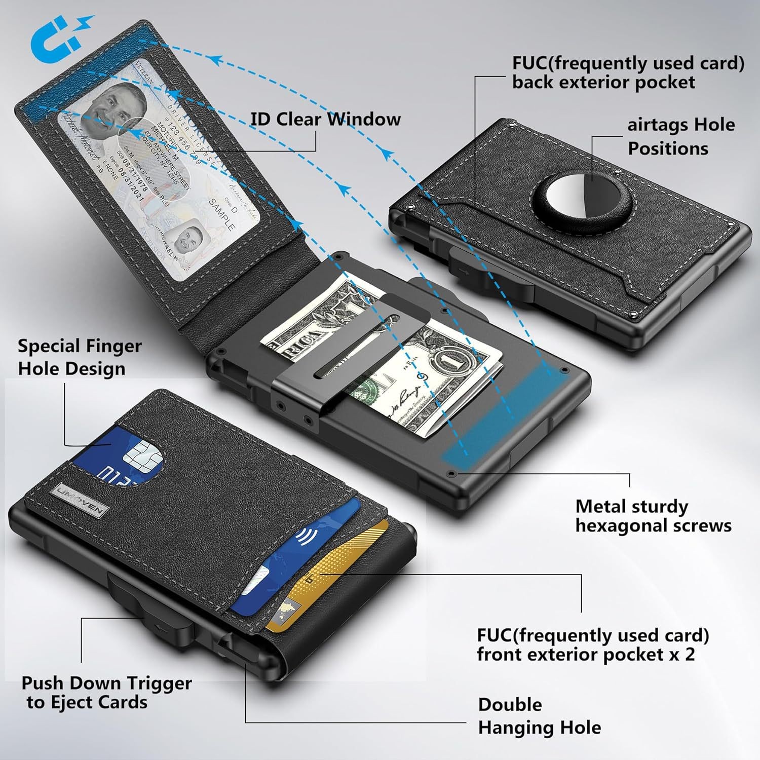 AirTag Wallet for Men – with Pop Up Aluminum Case Money Clip Slim Leather