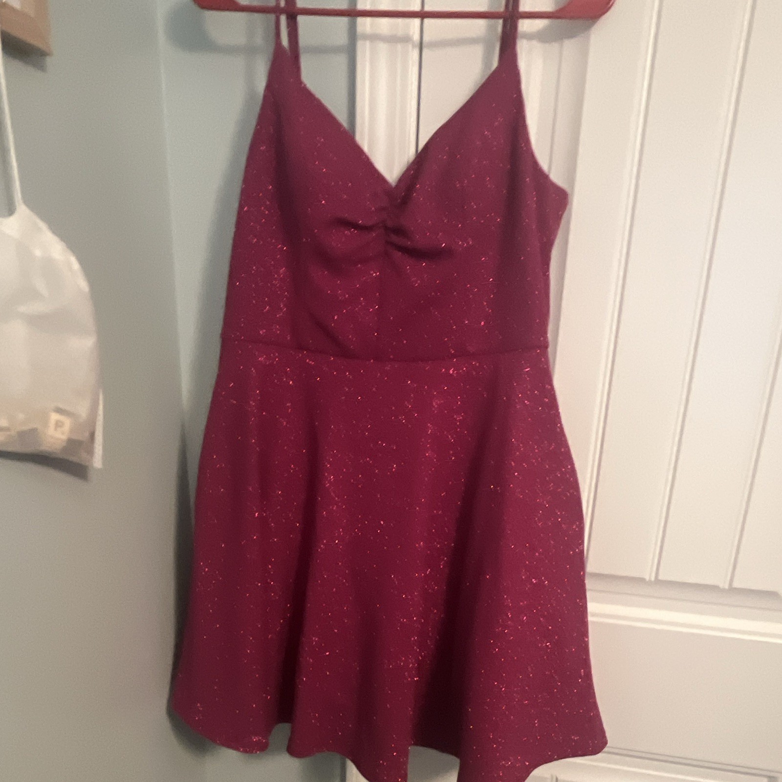 City Studio Burgundy Glitter Bow V-Neck Strappy Fit & Flare Dress size 13.