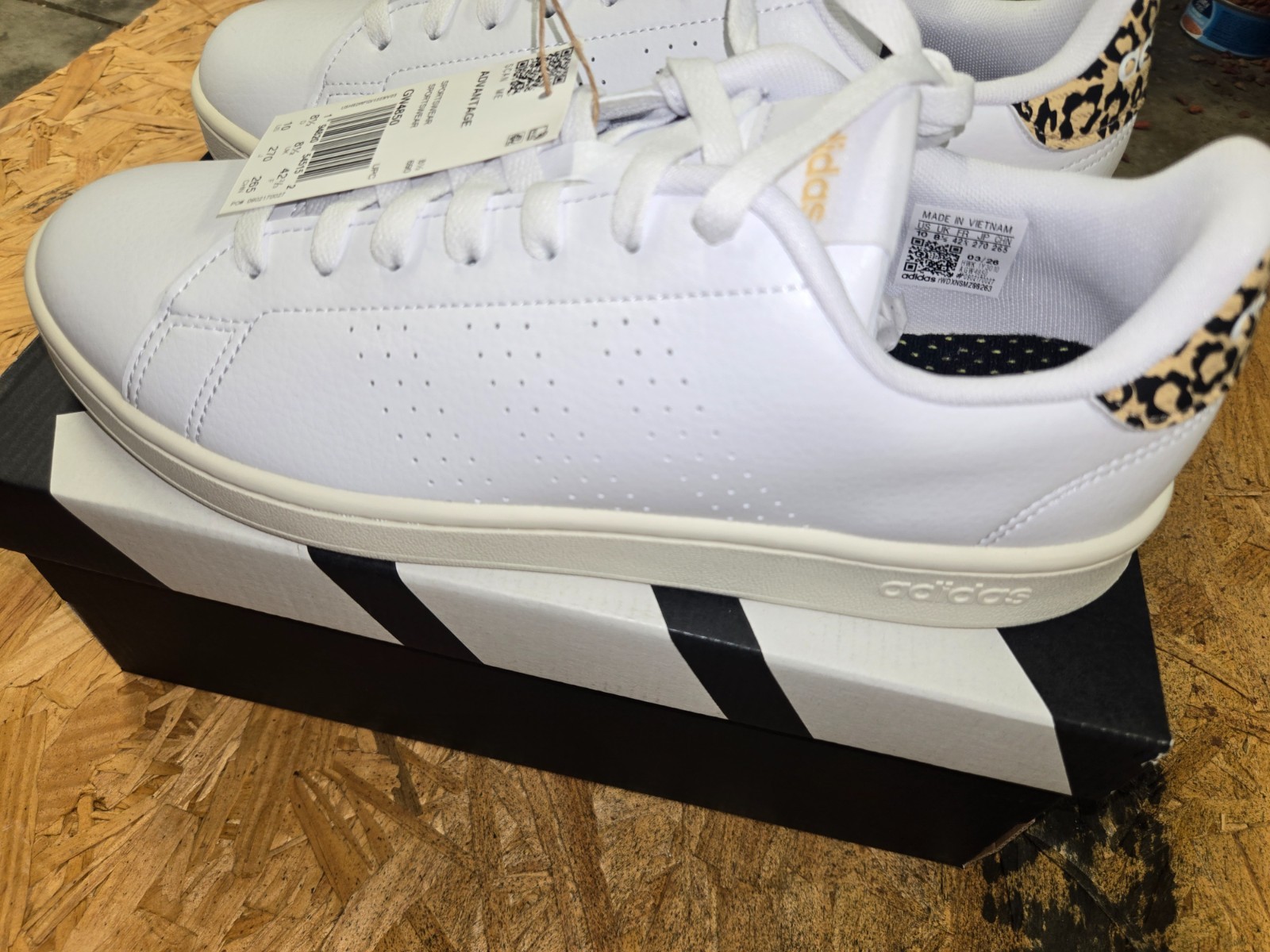 Size 10 – Adidas Advantage White Leopard W
