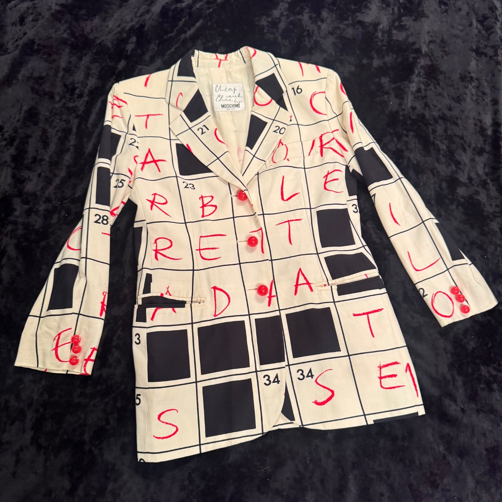 90s Moschino Cheap and Chic Crossword Print Blazer Womens 12 Spiral Buttons
