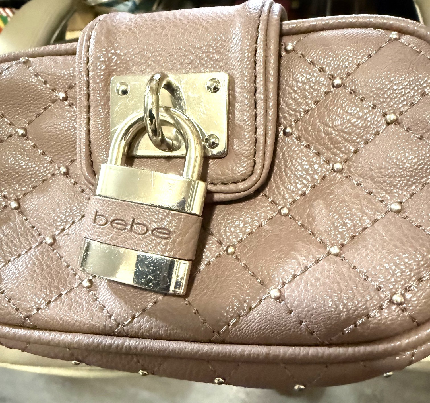 bebe Quilted Studded Crossbody Purse Mauve Taupe Padlock Charm Chain Strap Mini