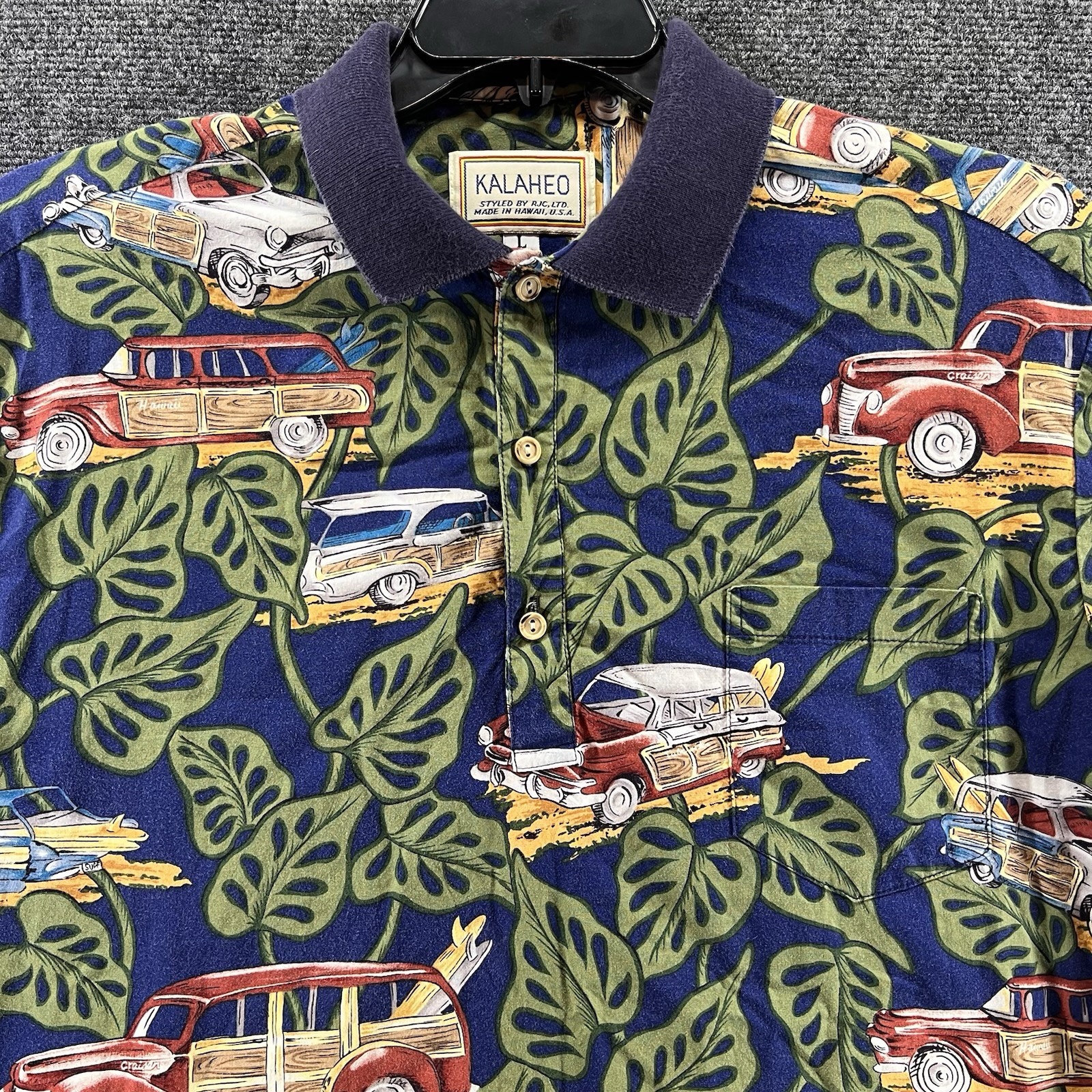 VTG 90s Kalaheo Hawaiian Aloha Classic Cars Shirt Mens Large Black Tropical Tiki