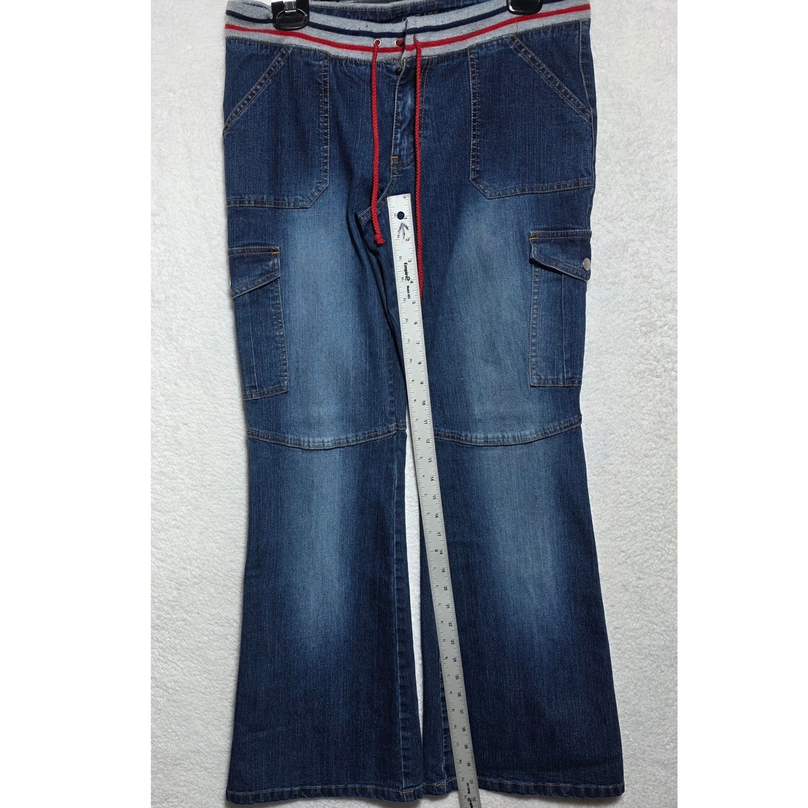 First Line Los Angeles Cargo Flare Jeans Dark Wash Knit Waist Size 15 Y2K Style