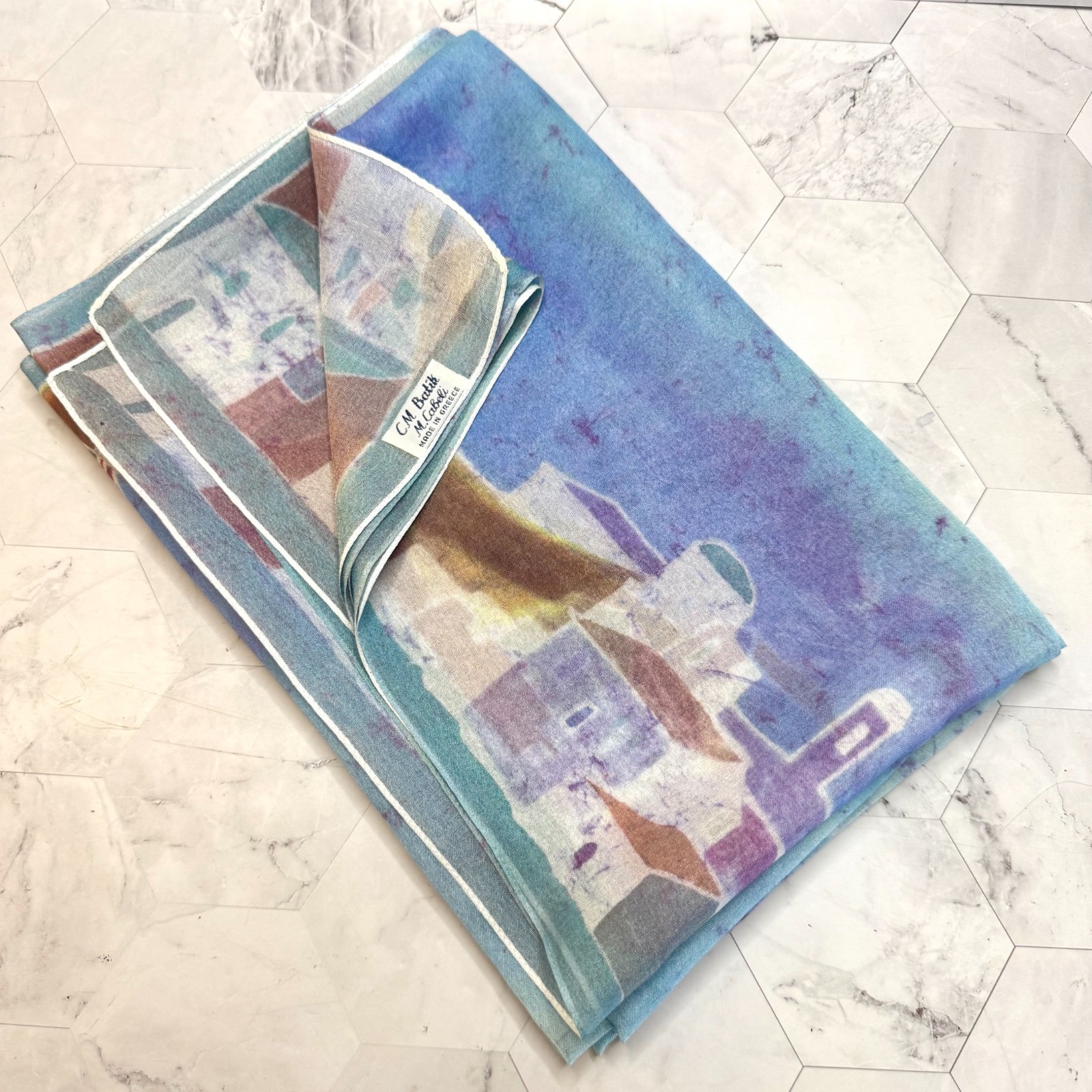 Hand Painted Scarf CM Batik M Cabeli Silk Chiffon Made in Greece Santorini EUC