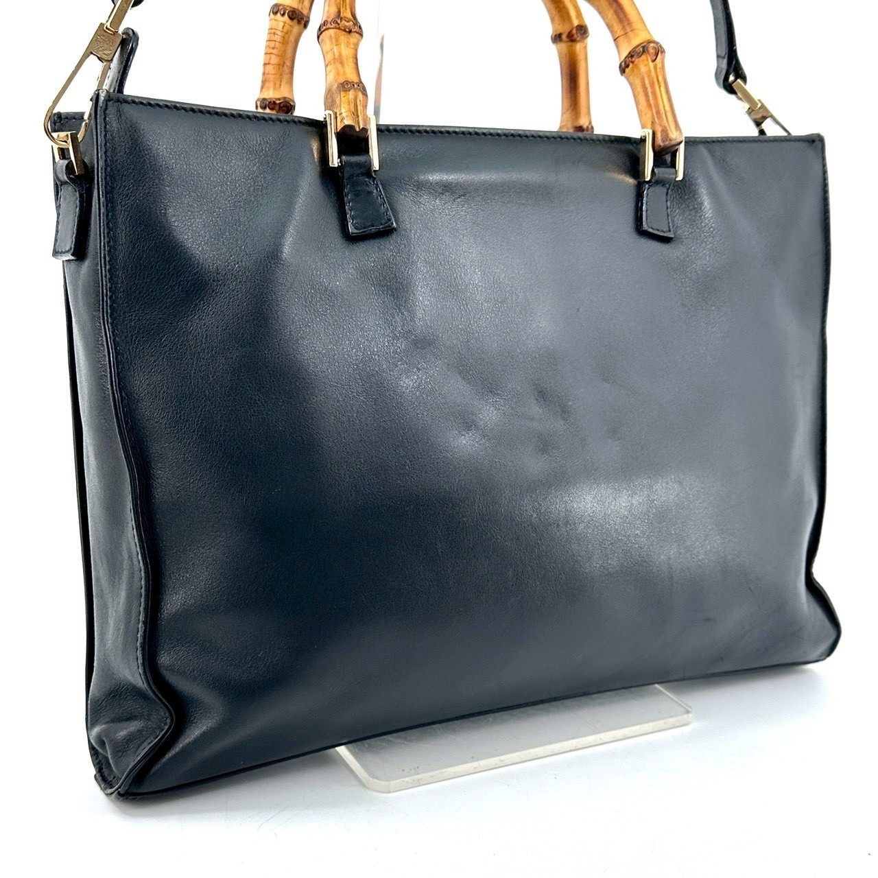Vintage Gucci Bamboo Tote Bag Shoulder Bag Black Leather Authentic