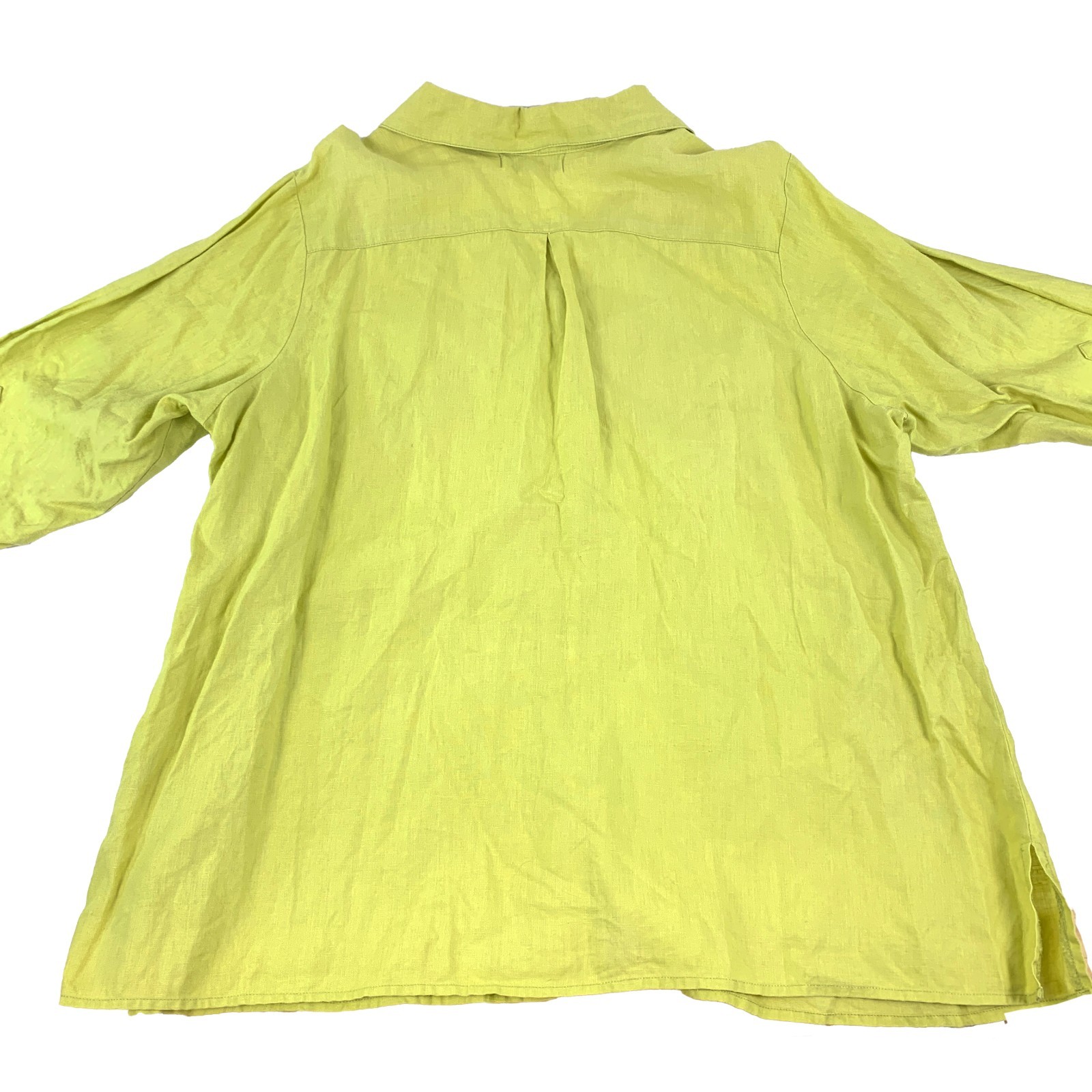 August Silk Options Button Up Blouse Sz 1X 100% Linen Lime Green Embroidered SEE