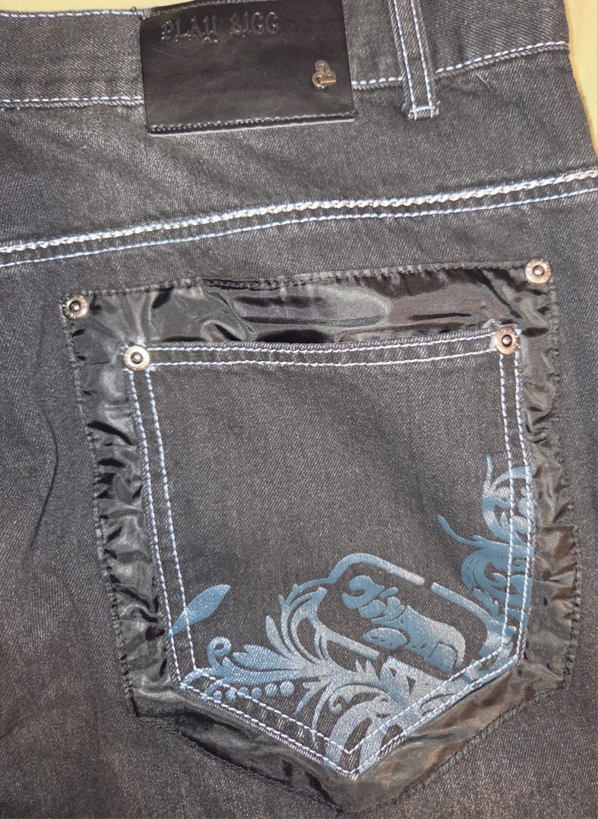 Mens PLAY BIGG Wide Leg Jeans Loose Fit Denim Embroidery Street Pants Sz 40