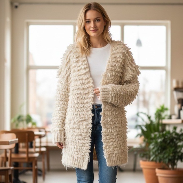 Express Ivory Chunky Shaggy Loop Knit Cardigan Sweater Alpaca Blend Cream Medium