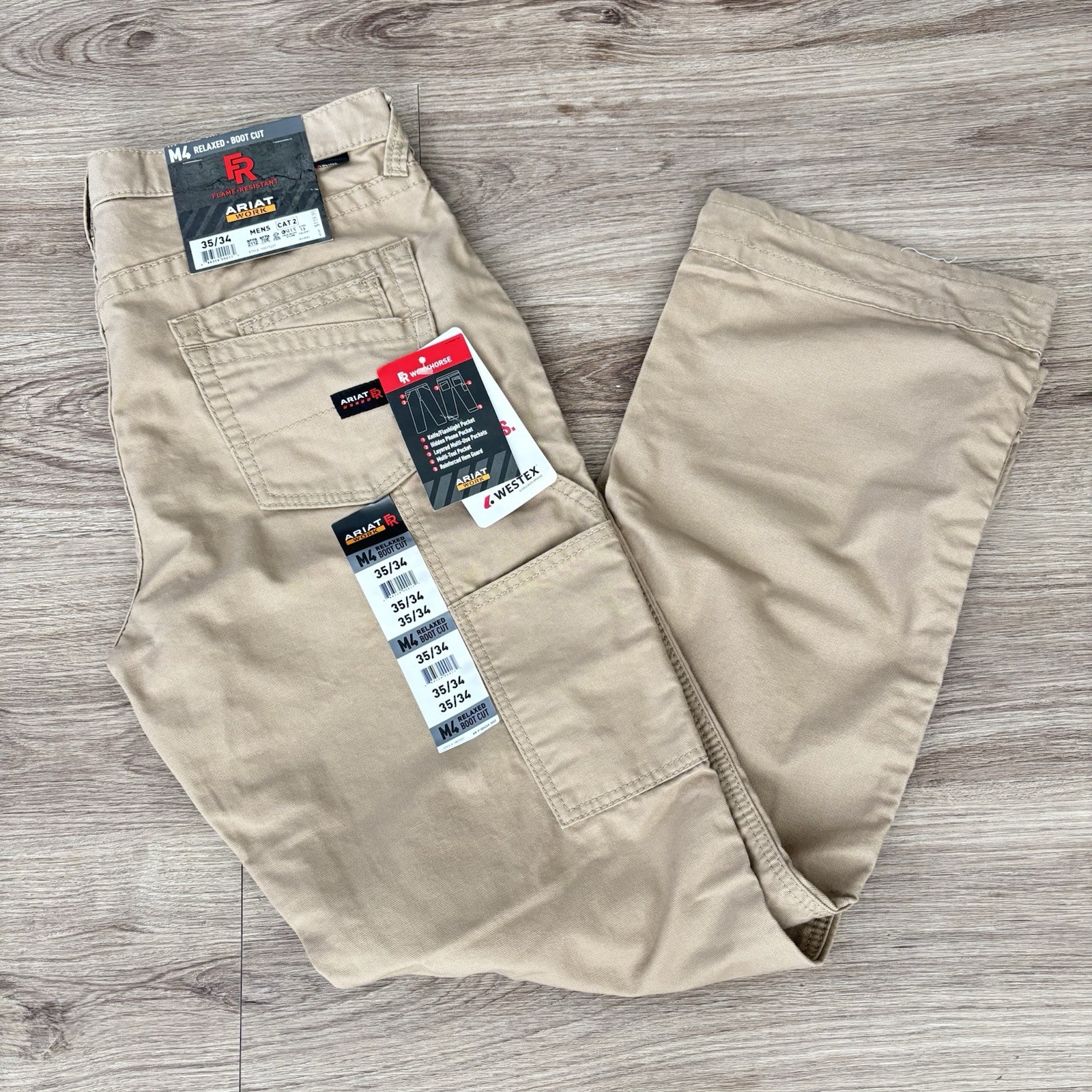 Ariat FR M4 Mens Khaki Tan Relaxed Boot Cut Pants Size 35×34 Workwear NWT