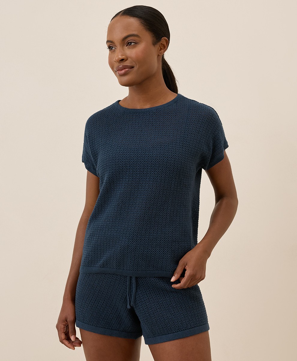 Pact Women’s Beachside Crochet Knit Short Sleeve Top Small French Navy