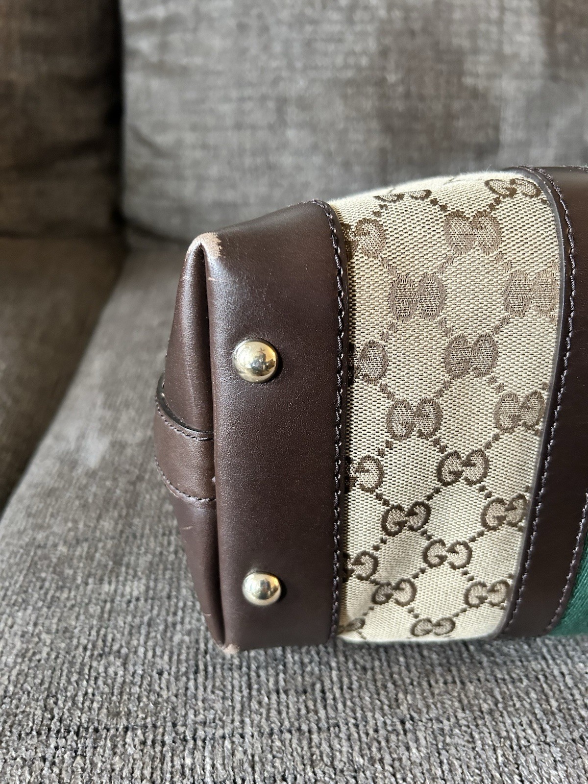 Gucci GG Web Stripe Shoulder Bag, Zip Closure, Gold Hardware, Lined, Pockets