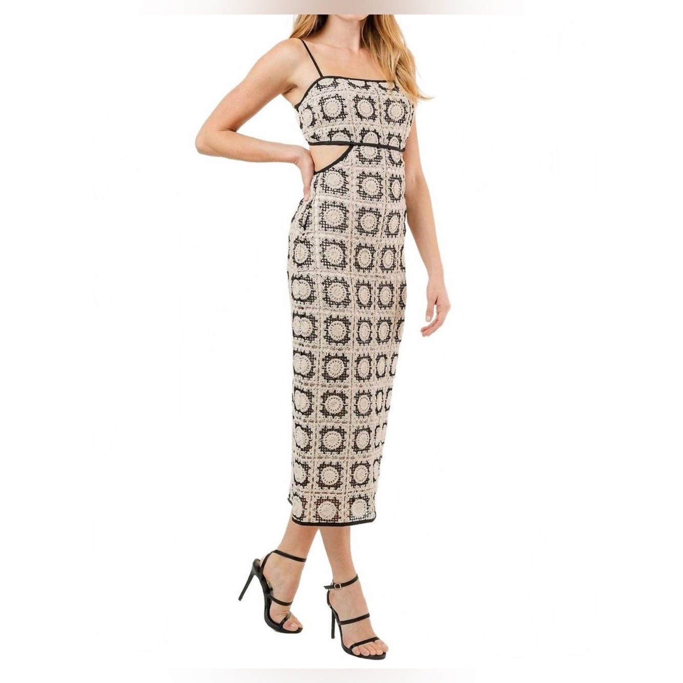 NWT FORE Crochet Geometric Cutout Midi Dress Cream Black Size M