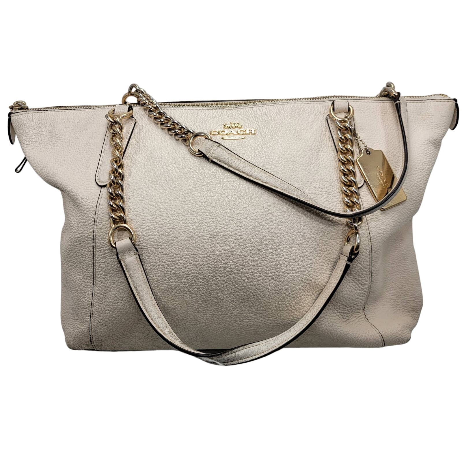 Coach F29007 Ava Chain Tote in Pebble Leather Chalk/White 10″H x 15″L