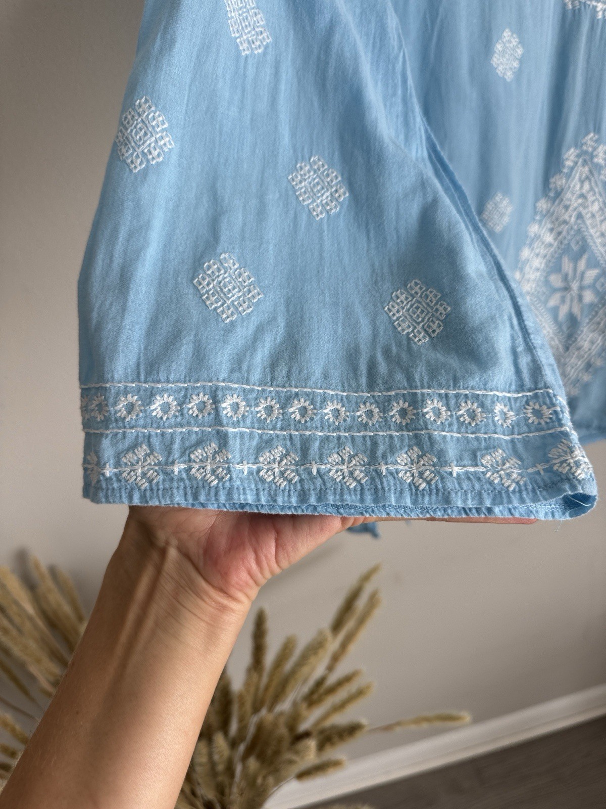Surf Gypsy Blue Embroidered Cotton Tunic Boho Beach Cover Up Top Medium