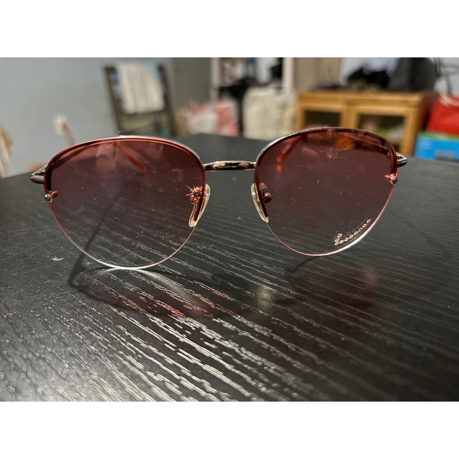 Luxus Pink Gradient Rimless Aviator Sunglasses Rhinestone Detail Silver Frame