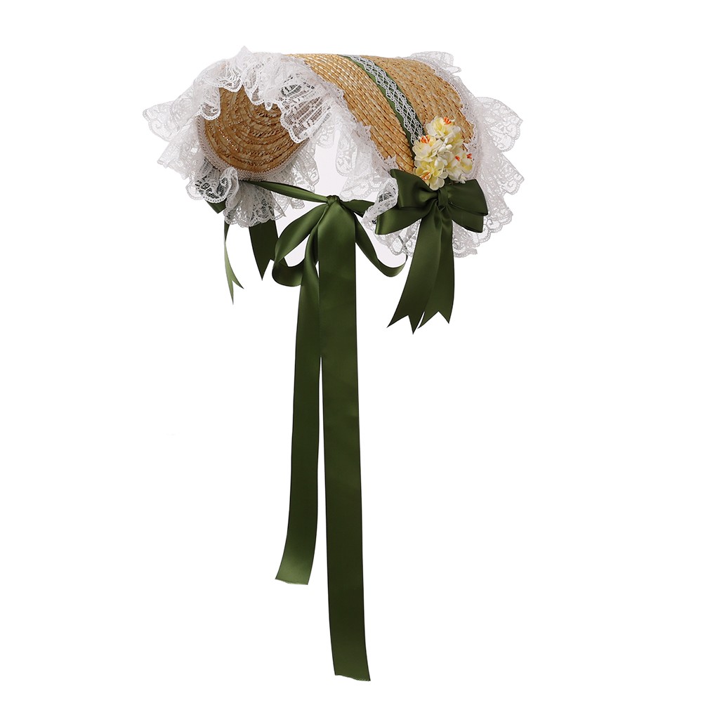 Women Victortian Straw Bonnet with Bowknot Cute Civil War Straw Hat for Dress Up