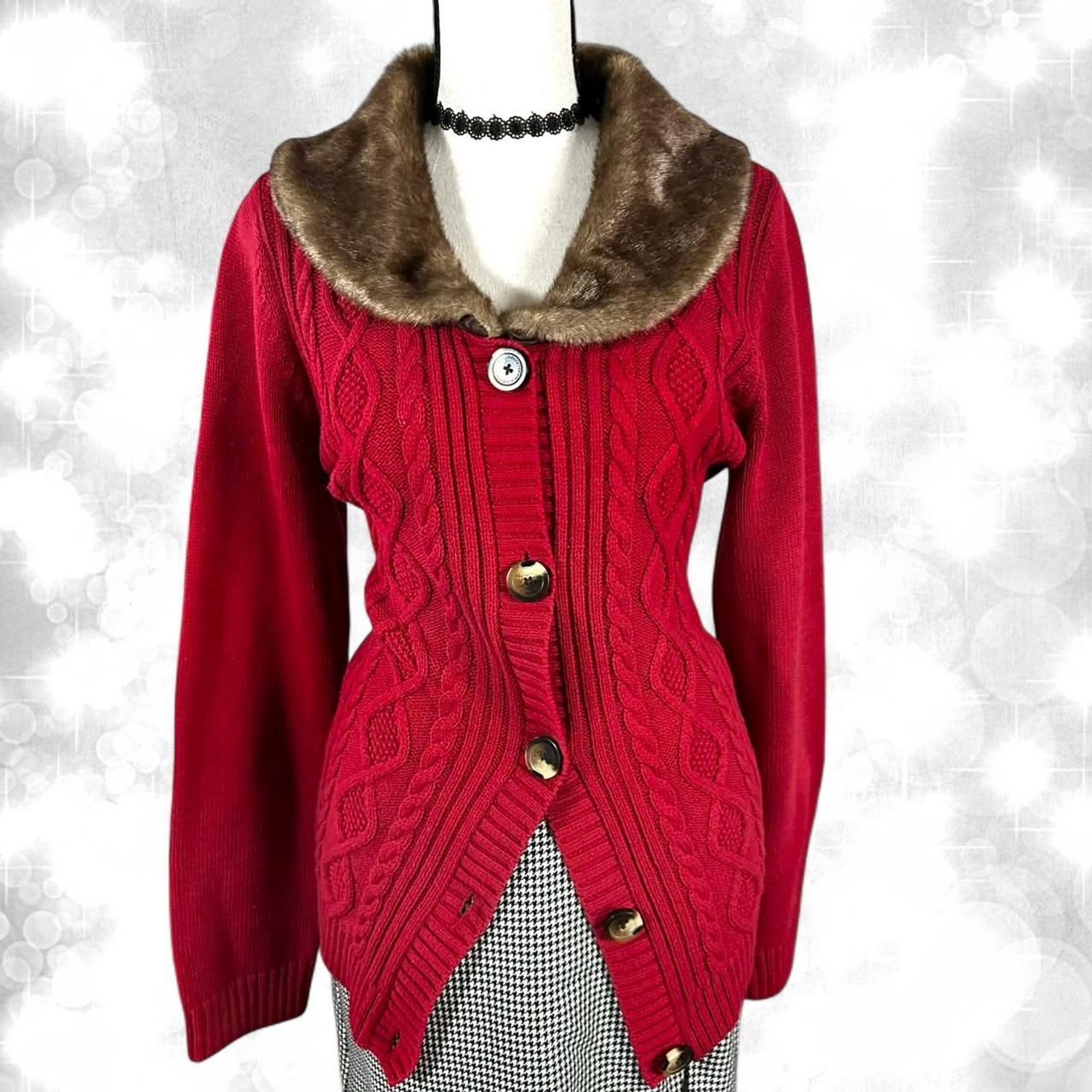 Y2K style red button up faux fur collar knit jacket chic, quiet luxury