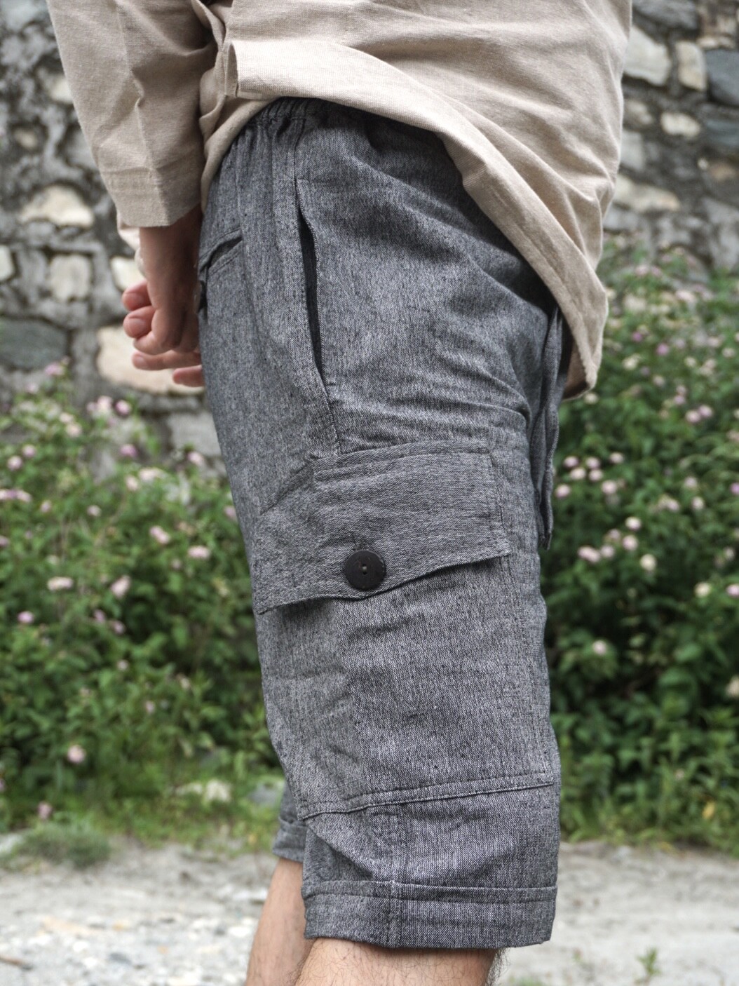 Hemp Cargo Gray Shorts 100% Hemp Drawstring Mens Hemp Canvas Many Pockets Multi