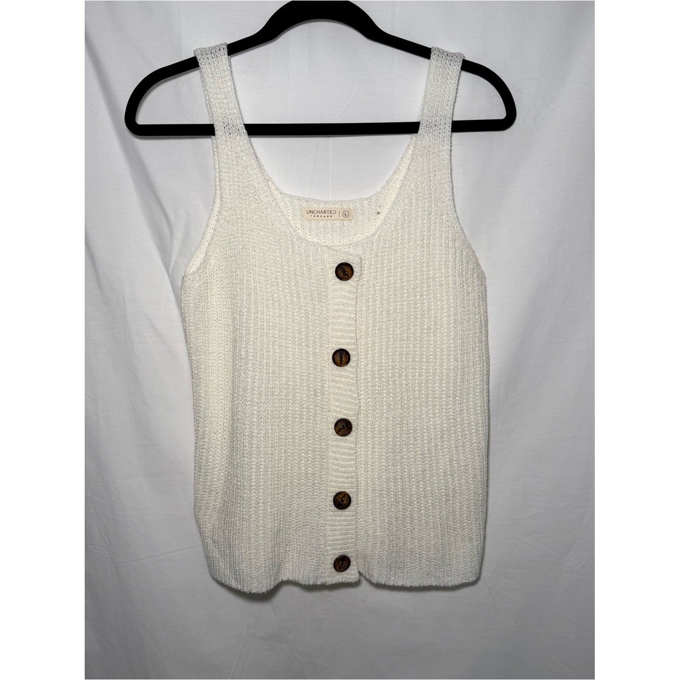 White Ribbed Knit Sweater Tank Top Faux Button Scoop Neck Size L