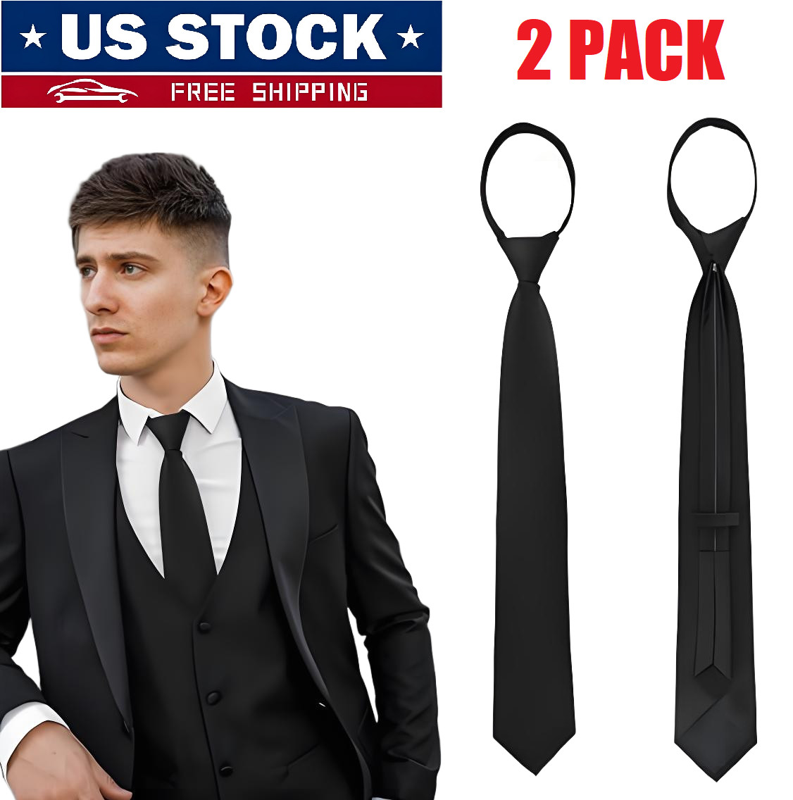 2Pcs Men’s Adjustable Black PreTied Necktie Office Zipper Neck Tie Clip On Tie