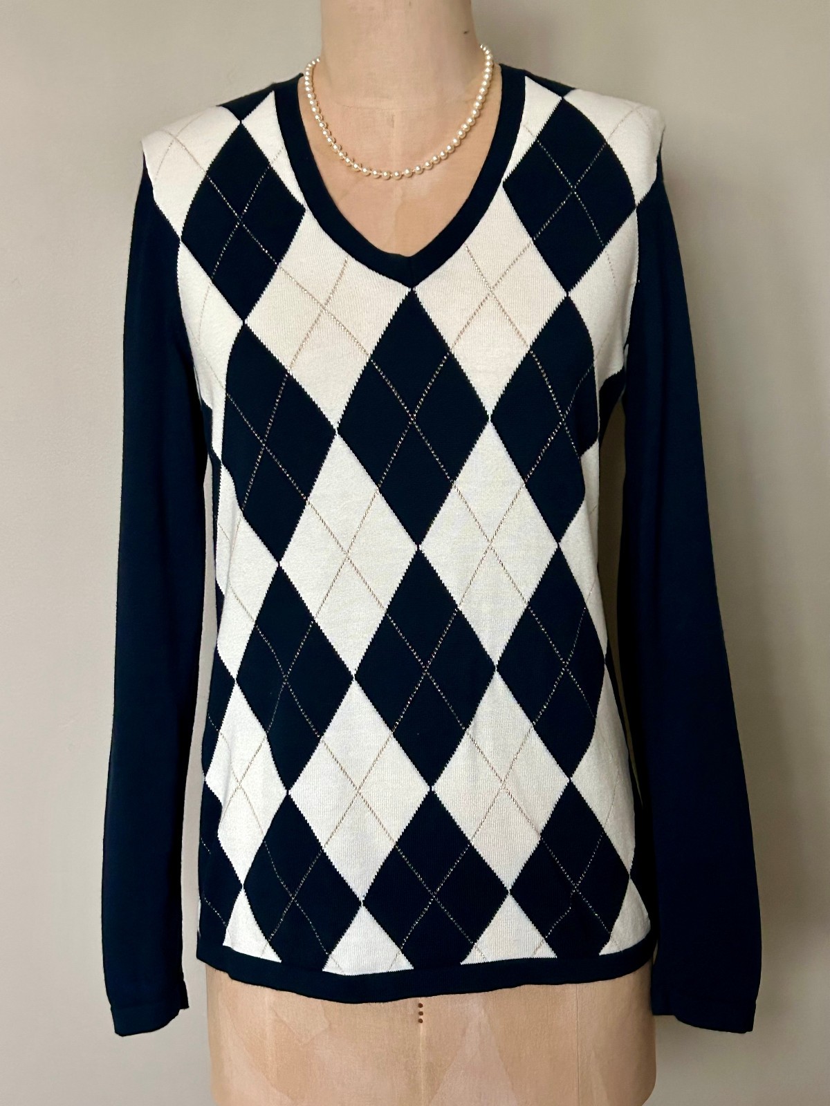 Tommy Hilfiger Argyle Sweater Navy, White & Gold-MSRP $79.00