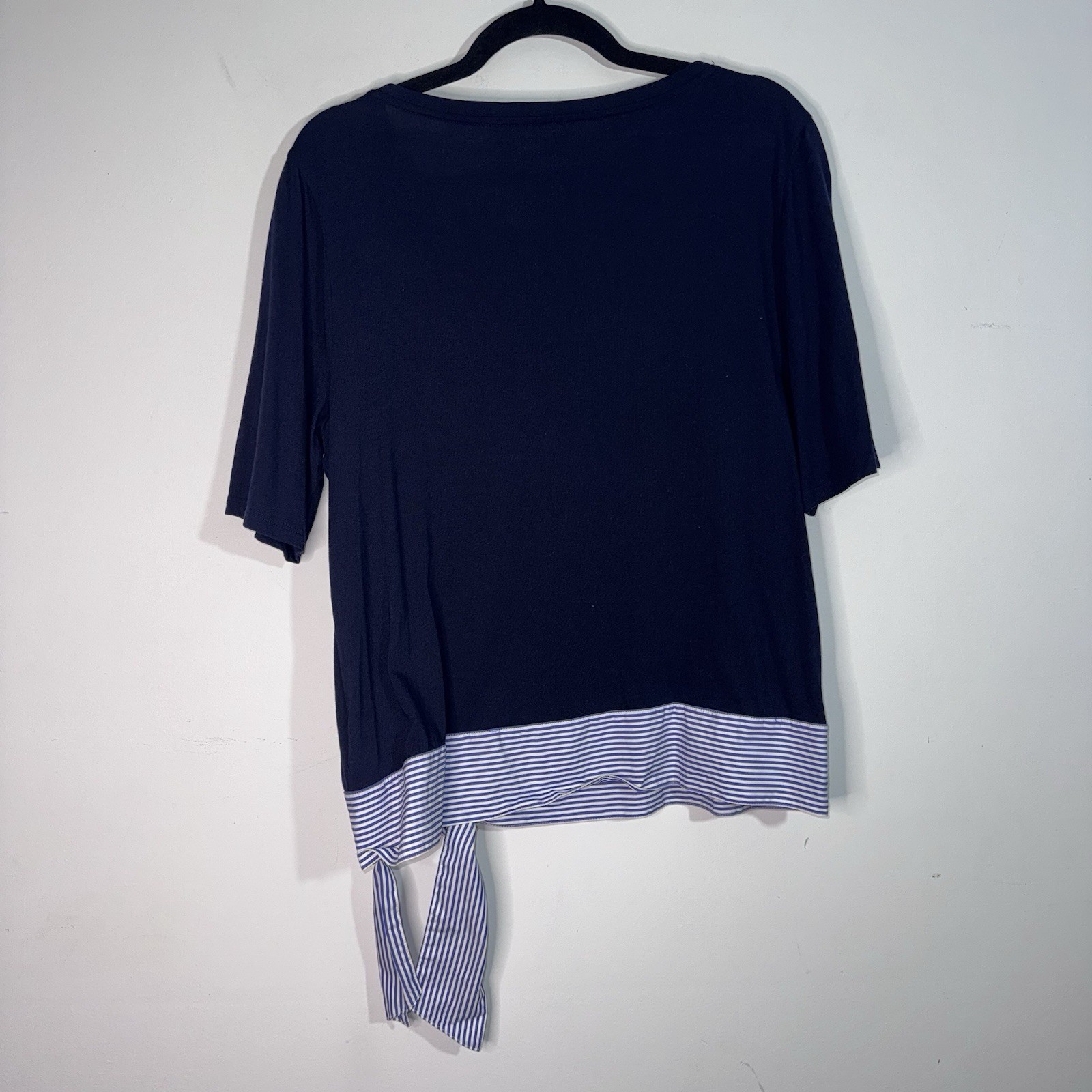 Talbots Pima Cotton Navy Blue Side Tie Stripe Hem Top Women’s Large