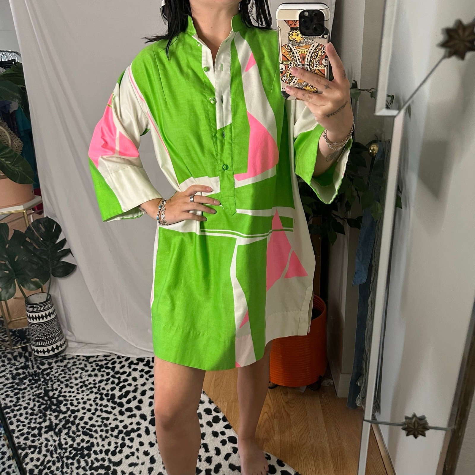 Vintage Catherine Ogust for Penthouse Gallery Mini Shirt Dress Green Pink