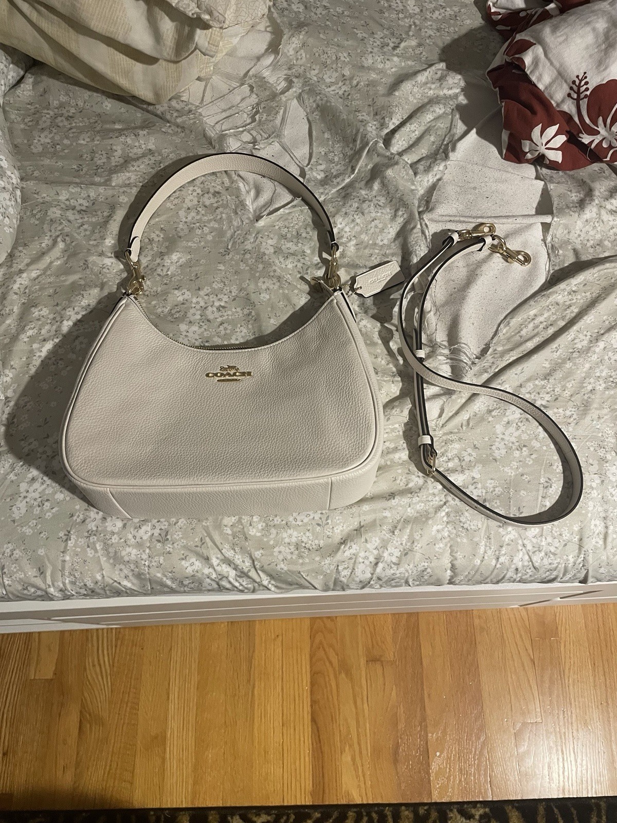 Coach White Small Pebbled Crescent Shoulder Bag Zip, Detachable Strap, Pockets