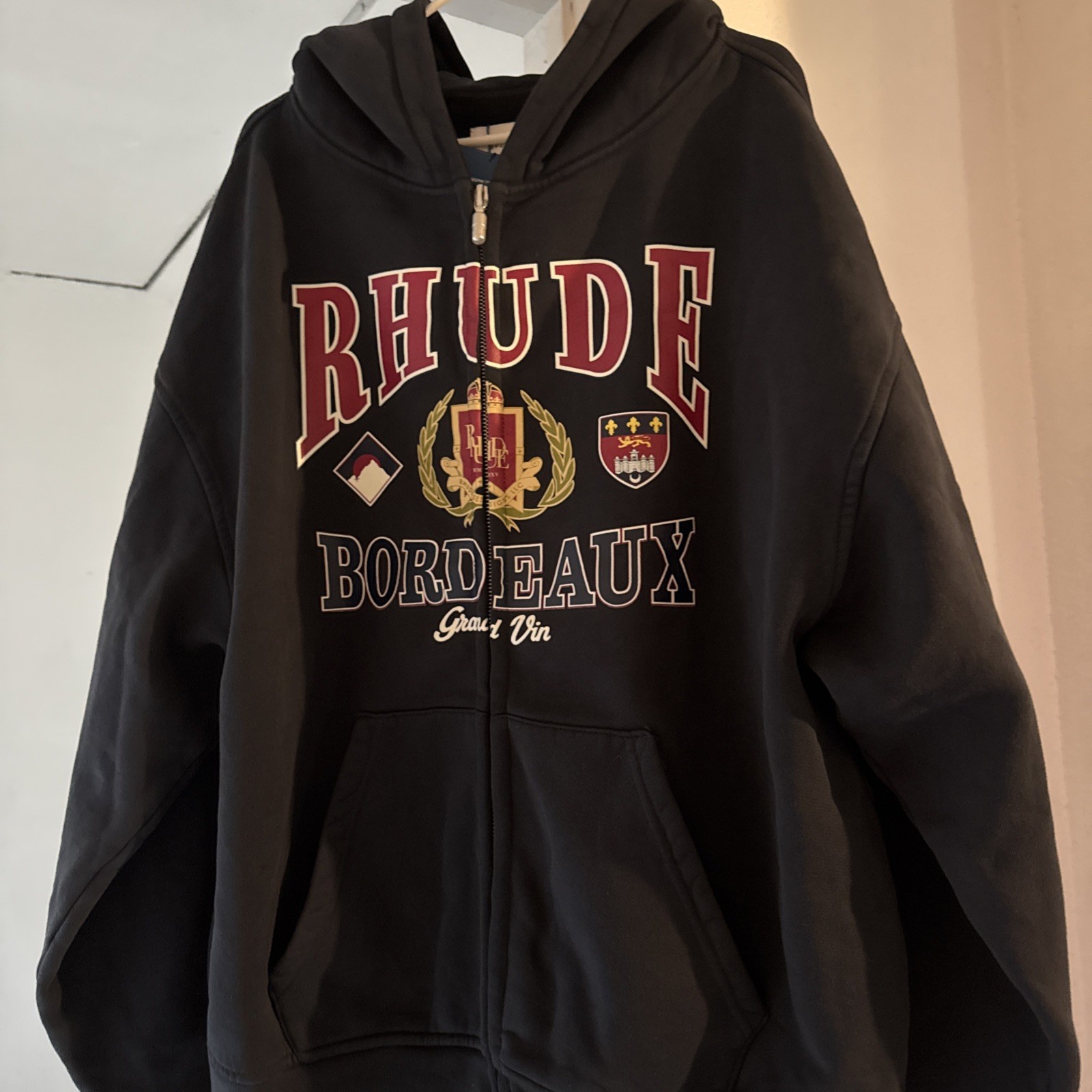 Rhude Bordeaux Grand Vin Full Zip Hooded Fleece Men’s Hoodie XL Black