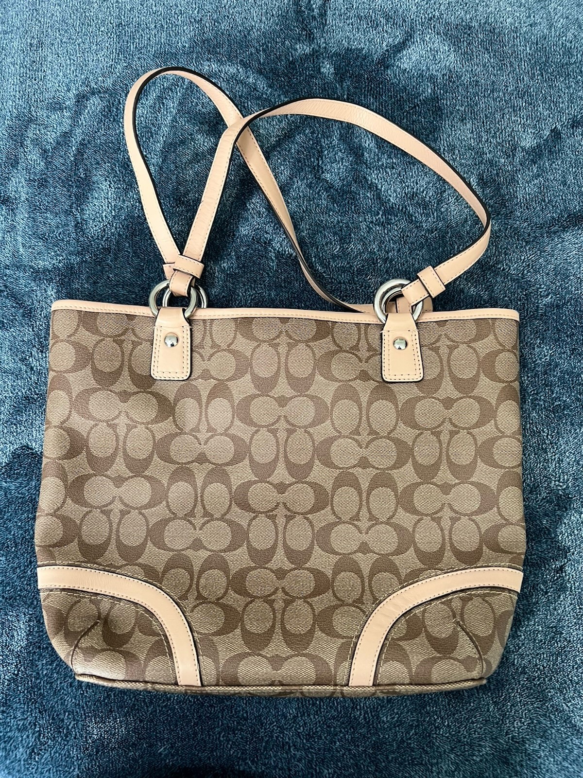 Coach Signature Logo Monogram Medium Zip Tote Bag w/ Pockets Beige/Brown