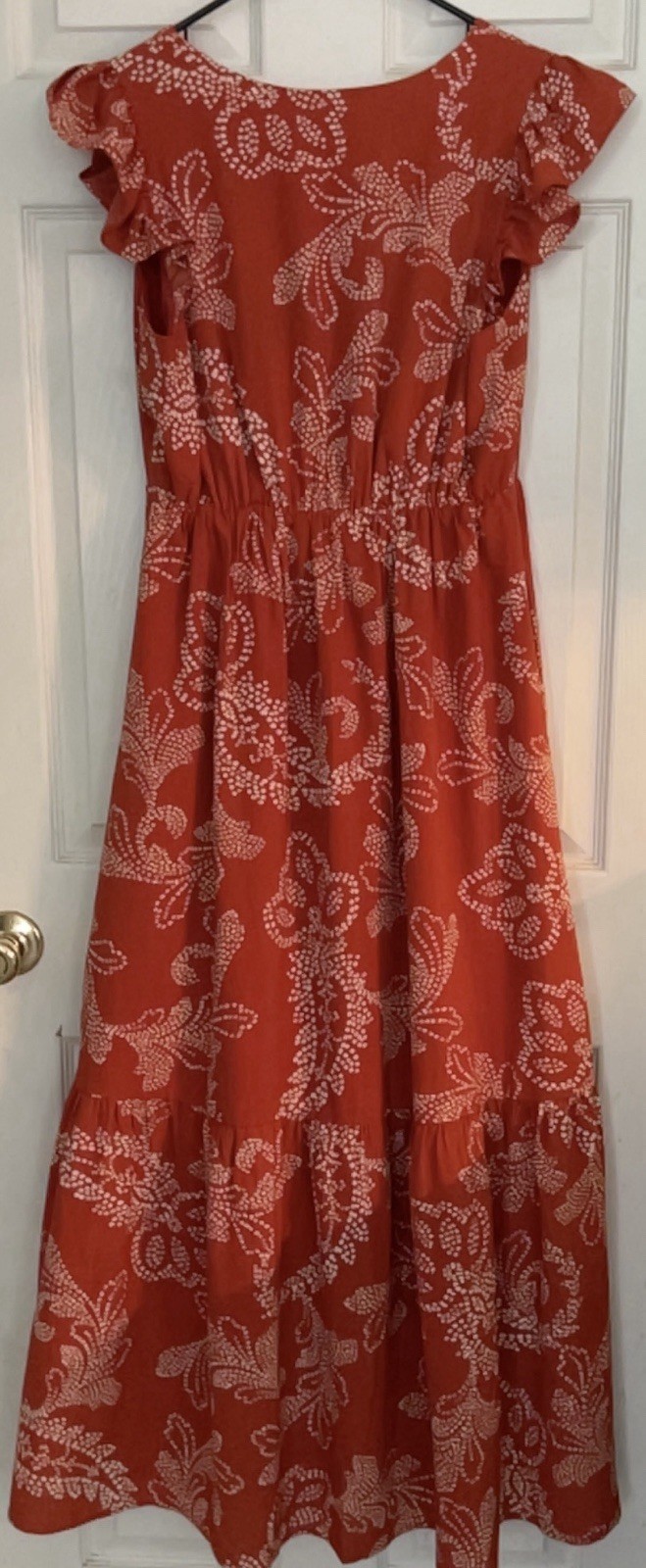 SugarLips Women’s Orange White Floral V-Neck Flutter Sleeve Smocked Maxi M