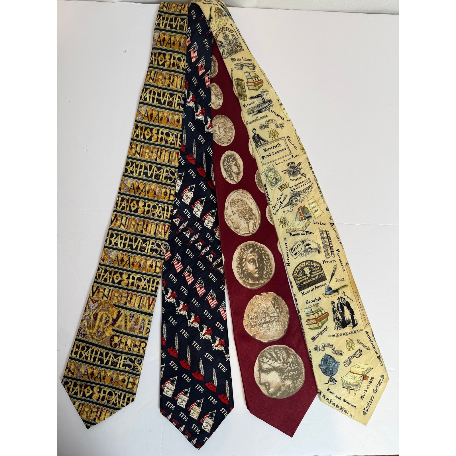 Lot 4 Vintage Museum Artifacts All Silk Ties 1980s Patriotic Legal Coins Roman