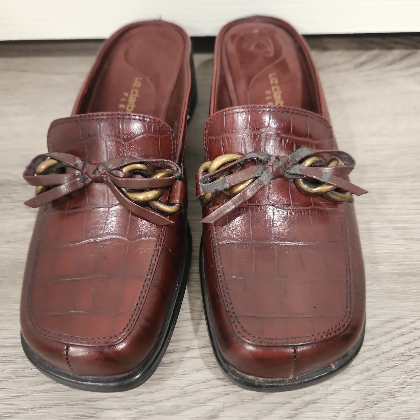 Vintage Liz Claiborne Flex Brown Loafer Mules Bow Chains Leather Sz 6.5M Fulton