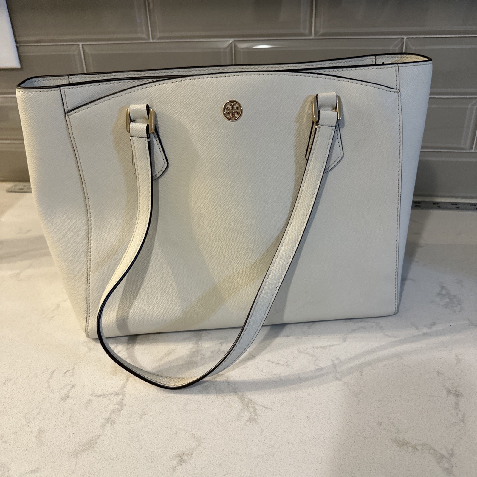 Tory Burch Tote Bag Shoulder Bag Robinson Medium Leather Ivory, Protective Bag.