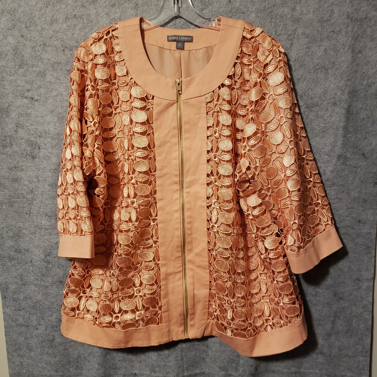 Jessica London Lace Jacket 20W Pale Peach Lightweight, Lined, Zip front Dressy