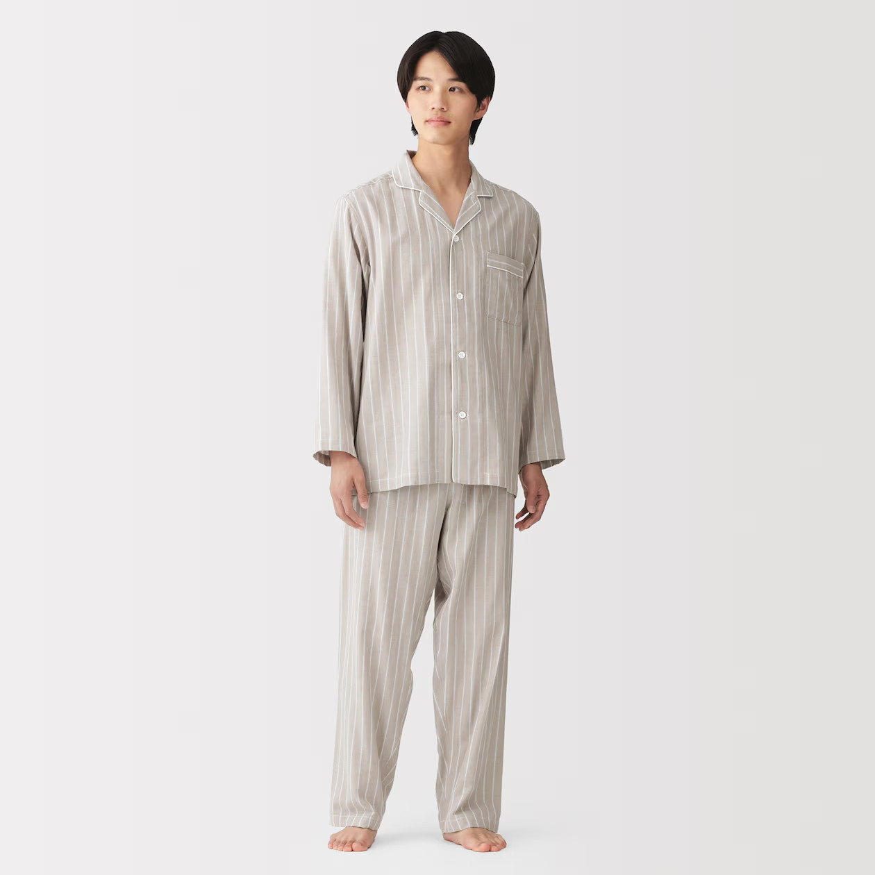 MUJI Mens 100% Organic Cotton Double Gauze Pajamas Smoky Brown Stripe FedEx