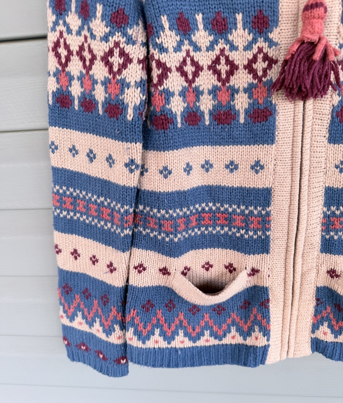 Anthropologie Sparrow Wool Blend Hooded Sweater Small Boho Fair Isle Zip Tassel