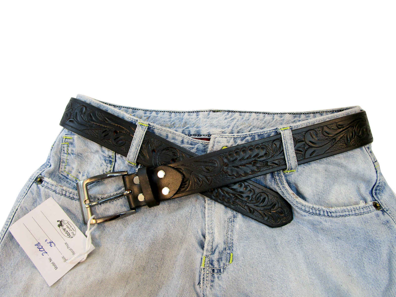 COWHIDE LEATHER MENS WESTERN BELT COWBOY SHOW TOOLED BLACK LEATHER 32 TO 50 in