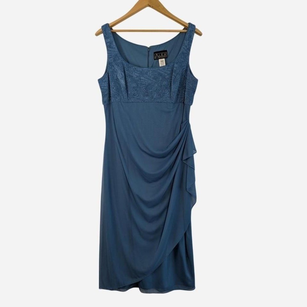 Alex Evenings Lace Bodice Side Ruffle Midi Dress Light Blue Size 16