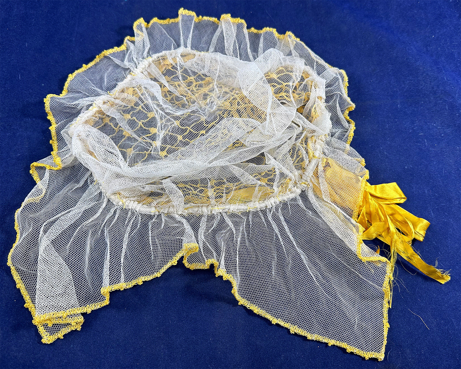 Vintage White Tulle Net Ruffle Yellow Crochet Snood Silk Ribbon Boudoir Bed Cap