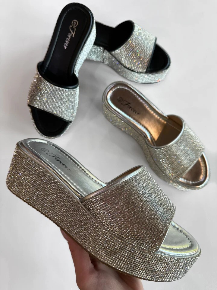New Women’s Bling Rhinestone Open Toe Platform Slide Sandal Mules Med Wedge Heel