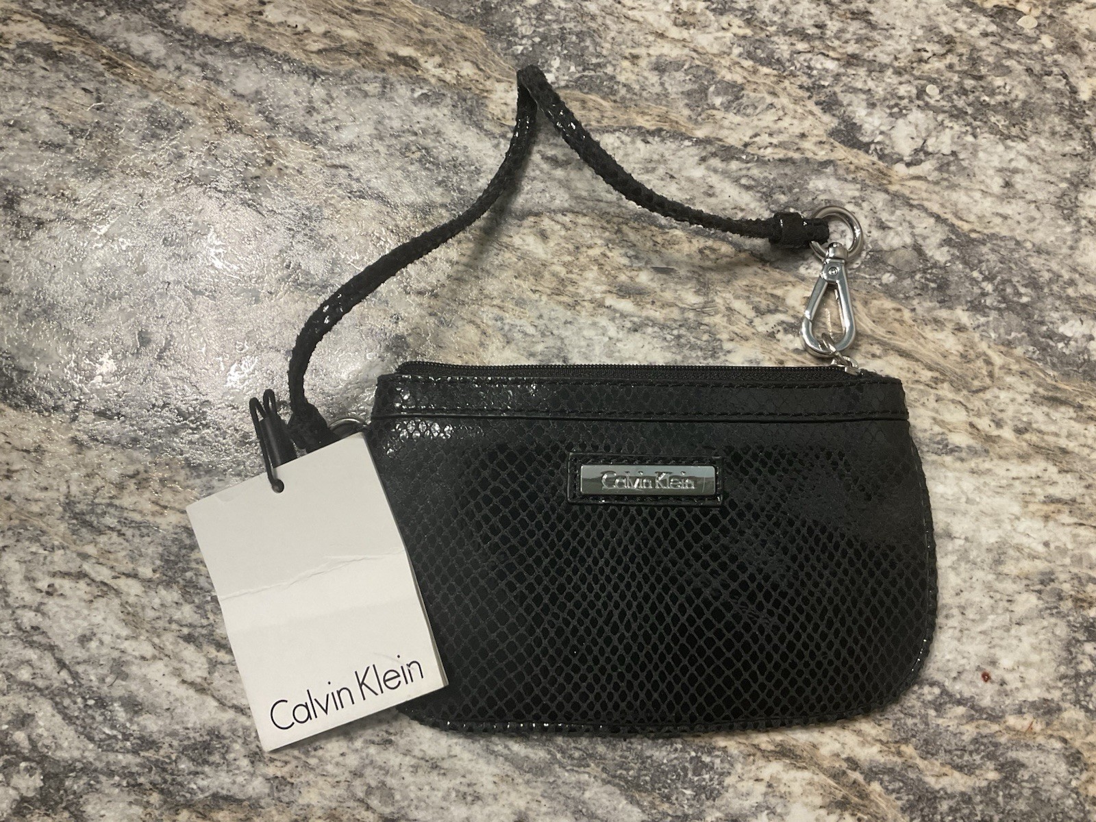 Calvin Klein Black Snake Embossed Wristlet Zip Pouch Inner Pockets Silver HW