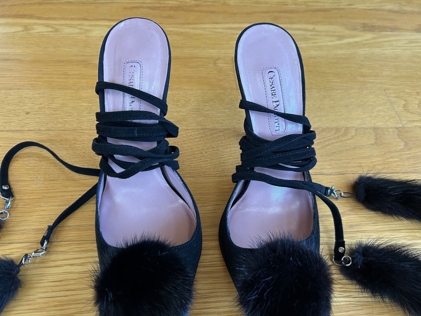 CESARE PACIOTTI Black Suede Pom-Pom Fur Tassels Sandals SZ 7.5 IT 37.5 Excellent