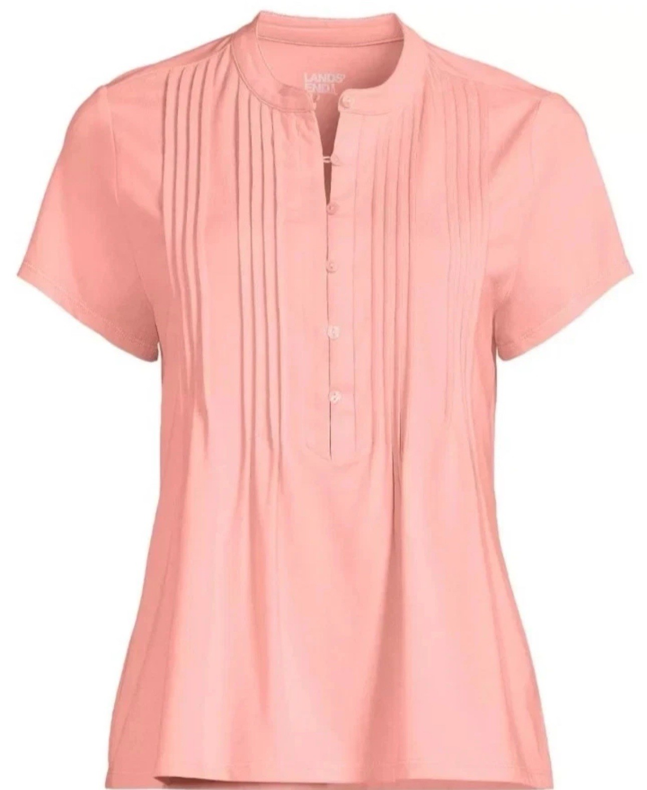 Lands’ End Women’s Short Sleeve Pintuck Blouse, Pink, Size M