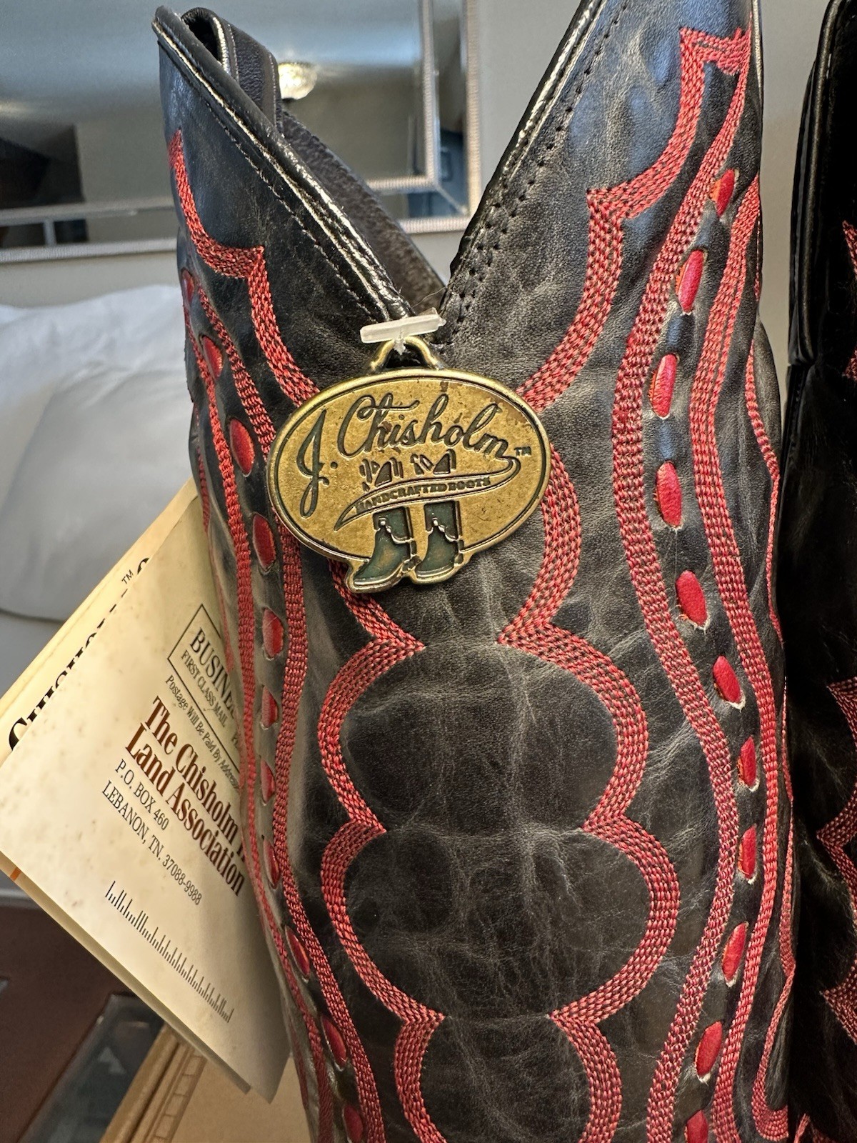 J Chisholm Men’s Handcrafted 1990’s Joe Diffie Black/Red Wing Tip Boots Size 10D