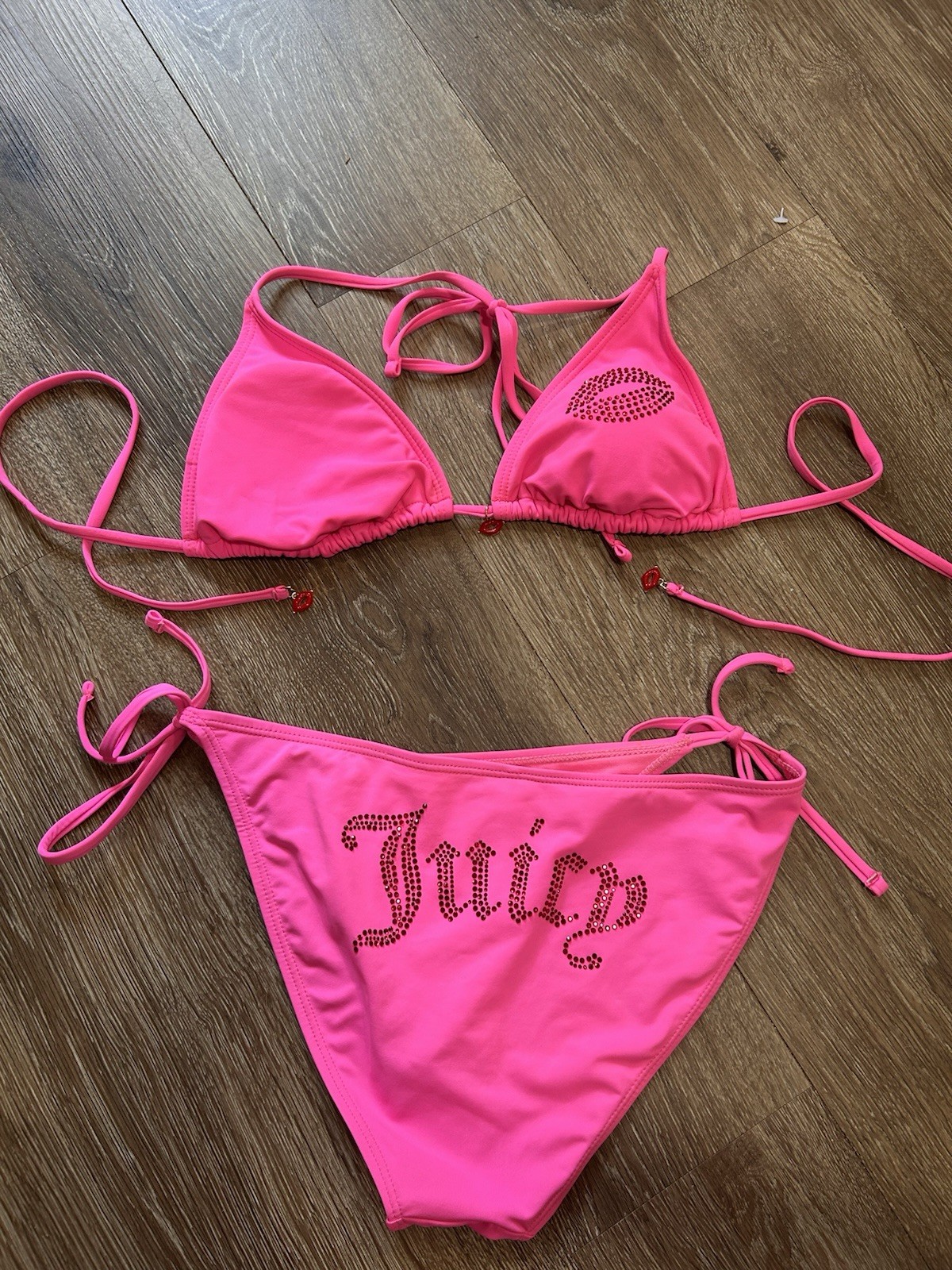 Y2K Juicy Couture Pink Rhinestone Bikini Set Tie Side Swimwear Women’s Size M/L