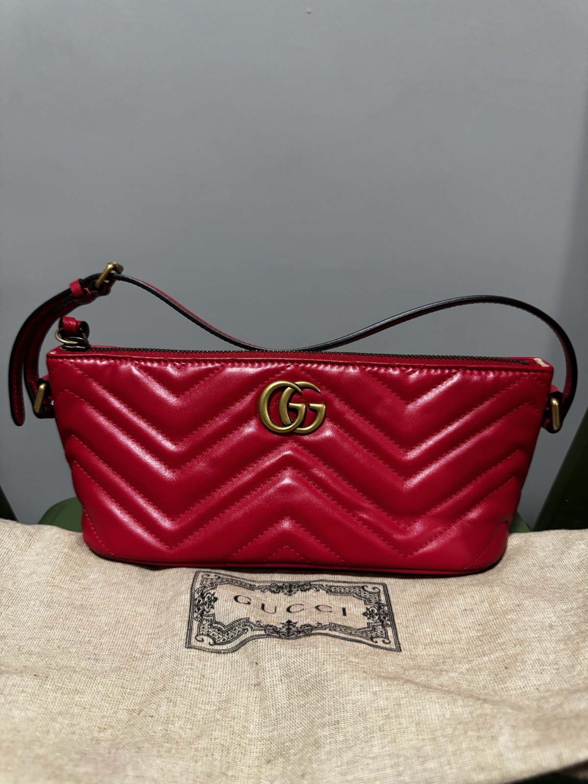 Gucci GG Marmont Matelassé Red Leather Small Shoulder Bag Zip Top Italy
