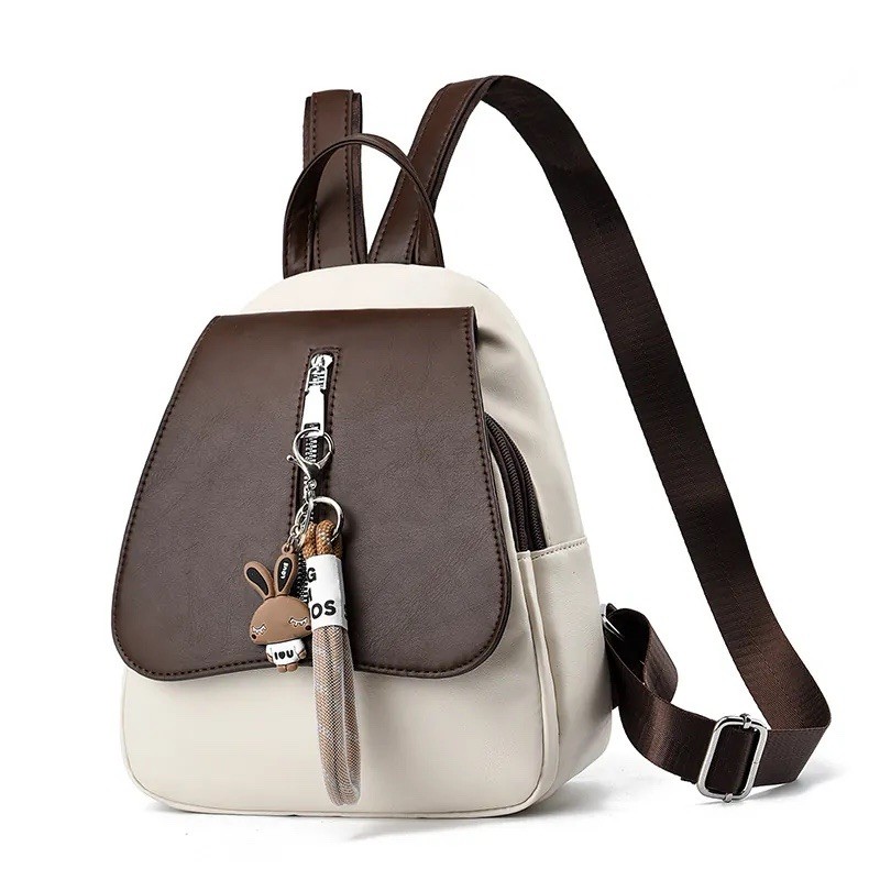 Beige Brown Colorblock Mini Backpack Purse Bunny Charm Zip Magnetic Small