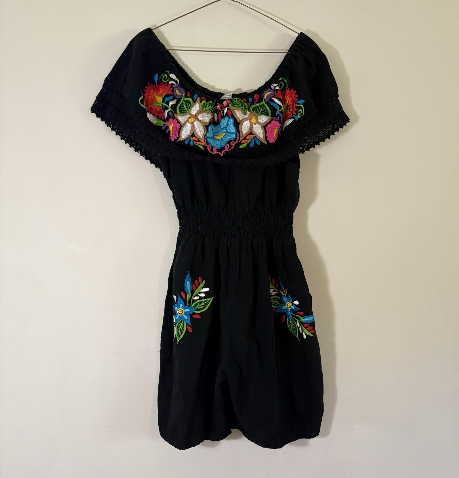 Women’s Black Off Shoulder Floral Embroidered 100% Cotton Romper One Size