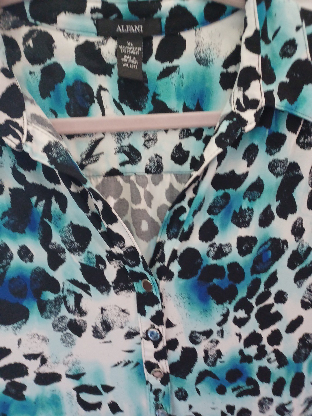 Alfani Blouse XL Blue Black Geometric Abstract Print Cap Sleeve